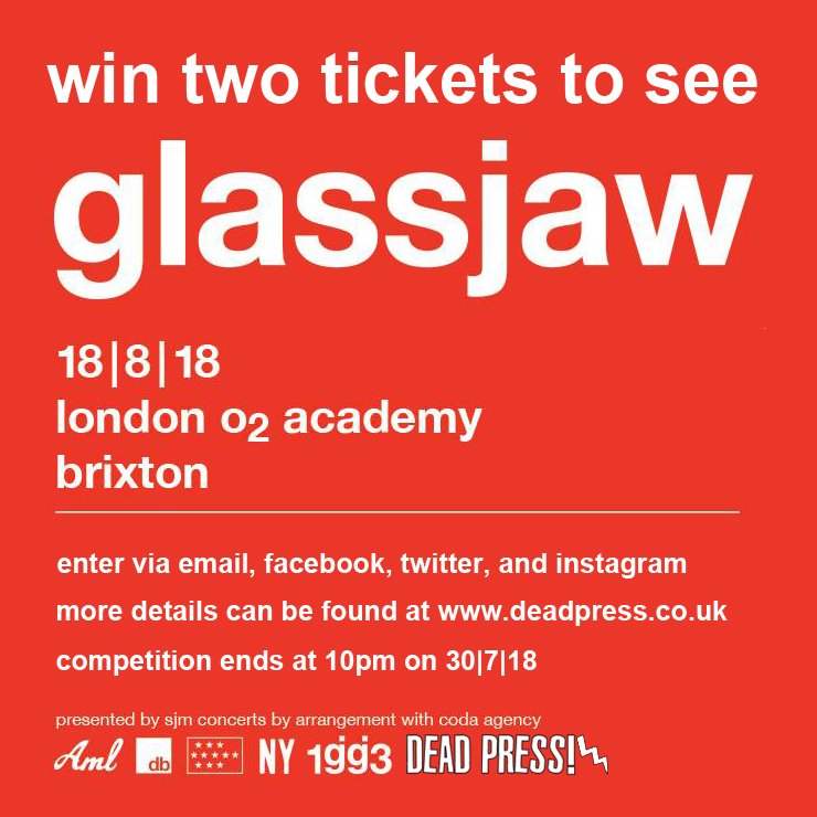 deadpresszine's tweet photo. COMPETITION: Win tickets to see Glassjaw (@glassjaw1993) in London on August 18th 2018!

Details on how to enter here: https://t.co/uUehsTaYdU

#DPGJ #MaterialControl https://t.co/4dXv6fj0sb