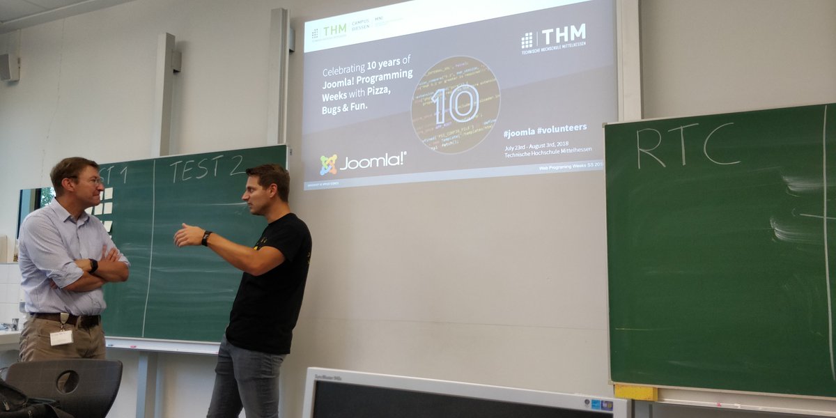 rdalmulder's tweet photo. The Web Programming Weeks at Technische Hochschule Mittelhessen are starting. Kicking off with 2 days of Pizza, Bugs and Fun and development afterwards. Helping the #Joomla project. #icampus #jpositive #developer https://t.co/YCnhG8wOkF