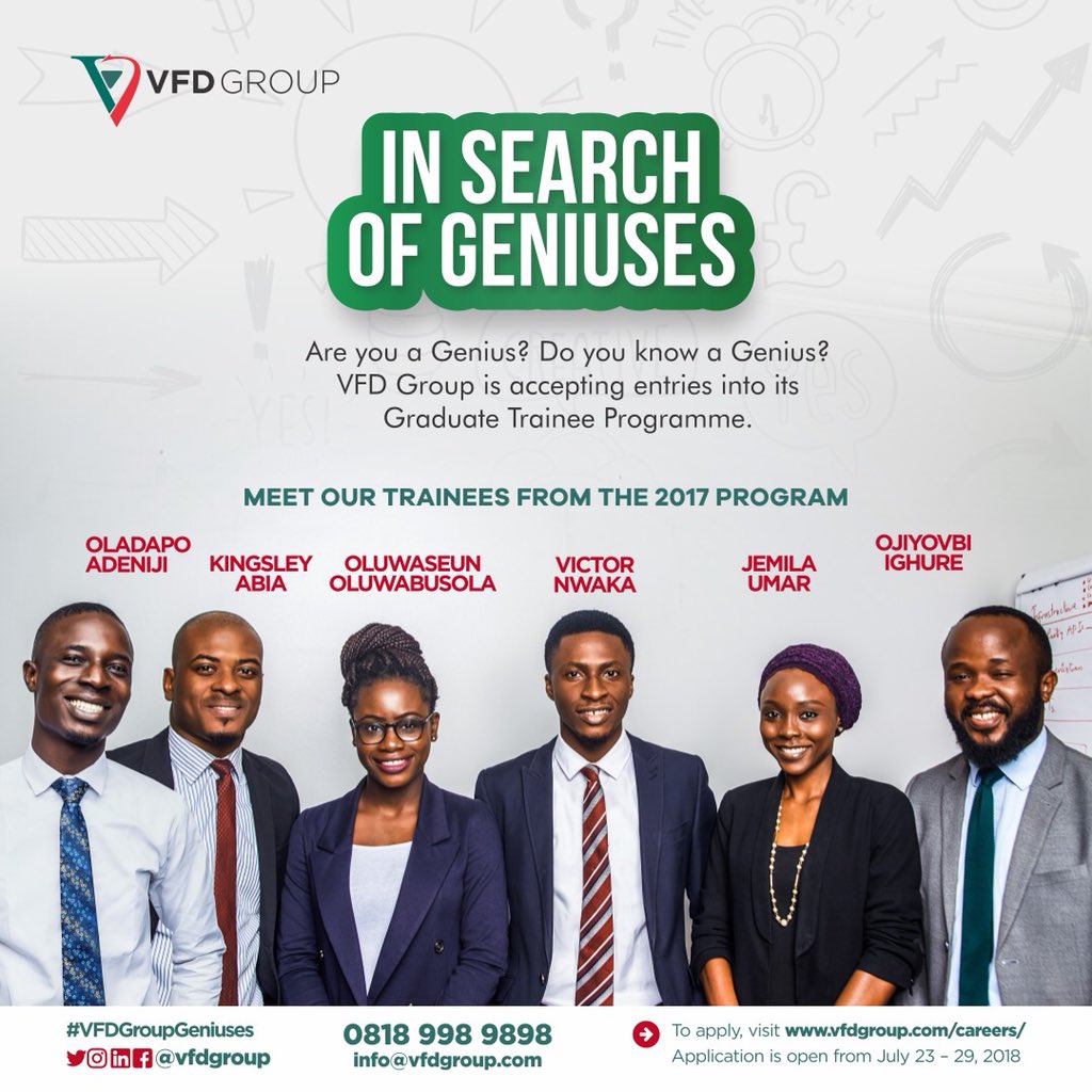 VFDGroup's tweet photo. Are you smart, creative and innovative? Then this programme is for you. Application into our Graduate Trainee Programme is now open. Visit https://t.co/nEkSLJKA5M to apply. #VFDGroupGeniuses #Recruitment https://t.co/OK8k4GPLWy
