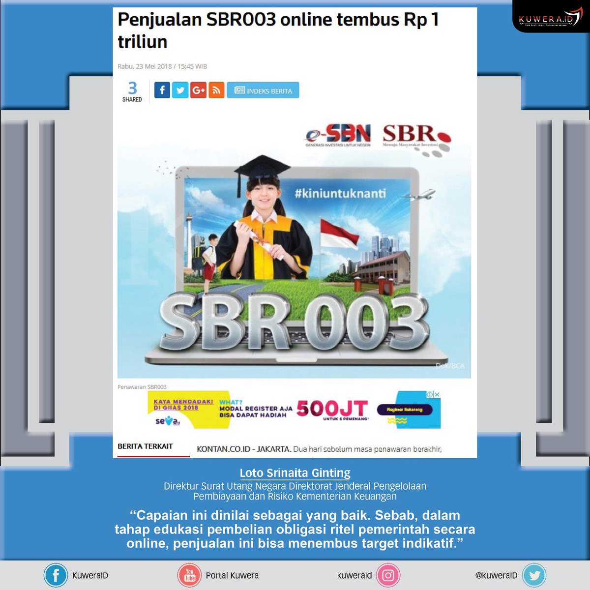 Della_Simangun's tweet photo. Penjualan Surat Berharga Negara (SBN) ritel secara online yang dilakukan pemerintah melalui Saving Bond Ritel seri SBR003 akhirnya melampaui target Rp 1 triliun.
#kuwera 
#2019TetapJokowi  
#BantenJKWMenang2019 https://t.co/uYNXc1VAsZ