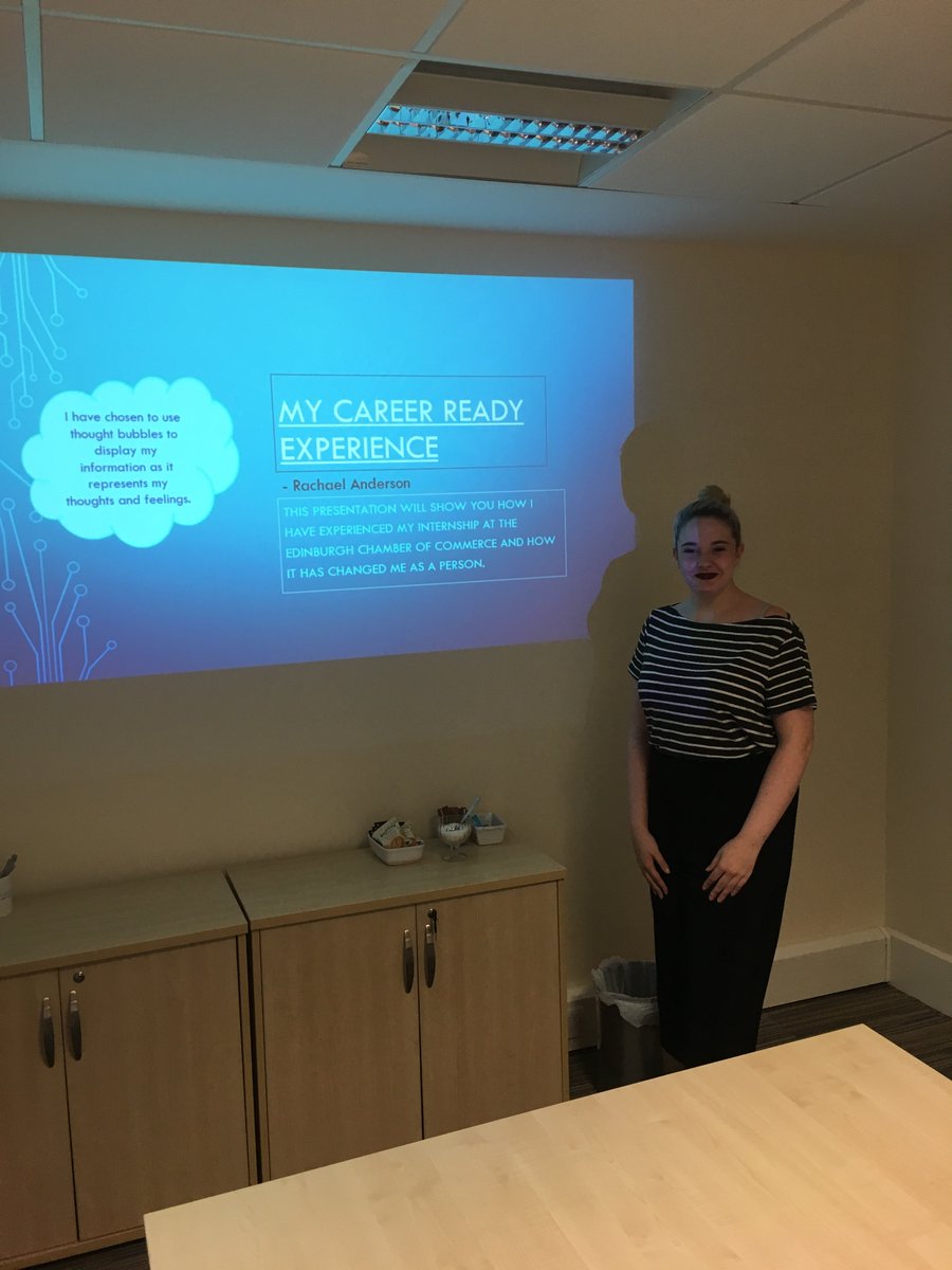 ECoC_Training's tweet photo. So here's Rachel, our @CareerReadyUK #ScotIntern18 presenting to us on what she learned during her 4 weeks with us. Her presentation was fantastic and the work she completed for us was excellent. @DYWEdinMidEast @EdinChamber https://t.co/SQIn22nNHY