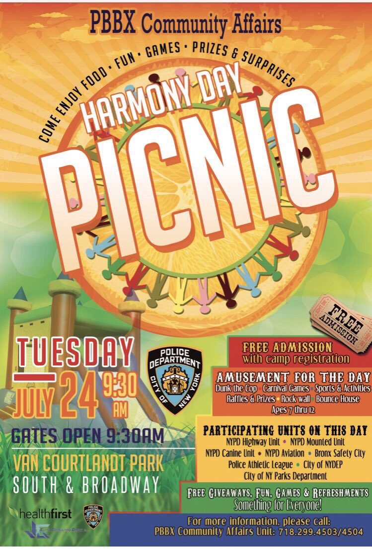 Hon. Vanessa L. Gibson, MPA (She, Her, Hers) (@bpgibson2025) on Twitter photo Harmony Day Picnic hosted by <a href="/NYPDPBBronx/">NYPD Bronx</a> Tuesday, July 24th, 9:30am at Van Cortlandt Park, #Bronx a fun-filled day of activities, food, games, giveaways, a day of fun for our cops and kids! #Community #CopsAndKids <a href="/NYPD50Pct/">NYPD 50th Precinct</a> <a href="/NYPD52Pct/">NYPD 52nd Precinct</a> #HarmonyDay2018 <a href="/HealthfirstNY/">Healthfirst</a> Harmony Day Picnic hosted by <a href="/NYPDPBBronx/">NYPD Bronx</a> Tuesday, July 24th, 9:30am at Van Cortlandt Park, #Bronx a fun-filled day of activities, food, games, giveaways, a day of fun for our cops and kids! #Community #CopsAndKids <a href="/NYPD50Pct/">NYPD 50th Precinct</a> <a href="/NYPD52Pct/">NYPD 52nd Precinct</a> #HarmonyDay2018 <a href="/HealthfirstNY/">Healthfirst</a>