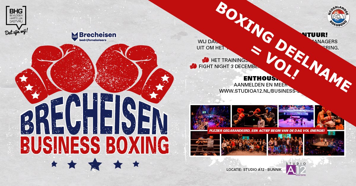 Ladies and gentleman, let’s get ready to rumble!! 👊 Alle deelnemers aan het Brecheisen Business Boxing zijn bekend. Vanaf september worden de deelnemers klaargestoomd voor de battle op 3 december 2018! 
Deelnemers aanmoedigen? studioa12.nl/business-boxing