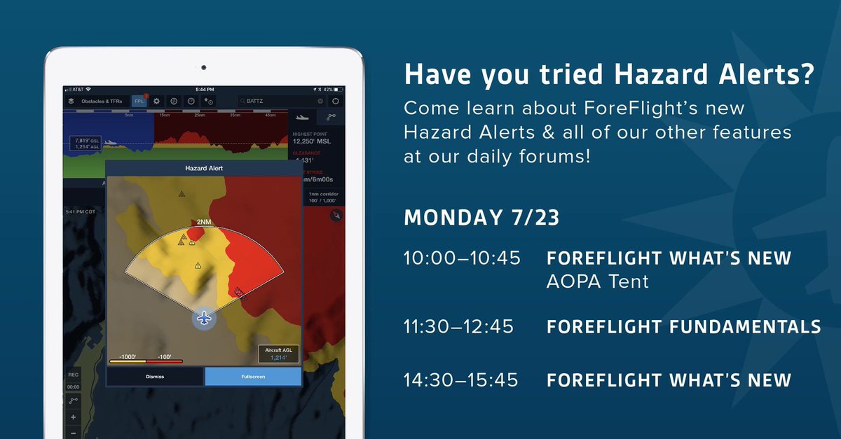 Start off the @eaa #Airventure by visiting us in Hangar C or attending one of our ForeFlight forums to discover all our in-app features such as Hazard Alert. #osh18