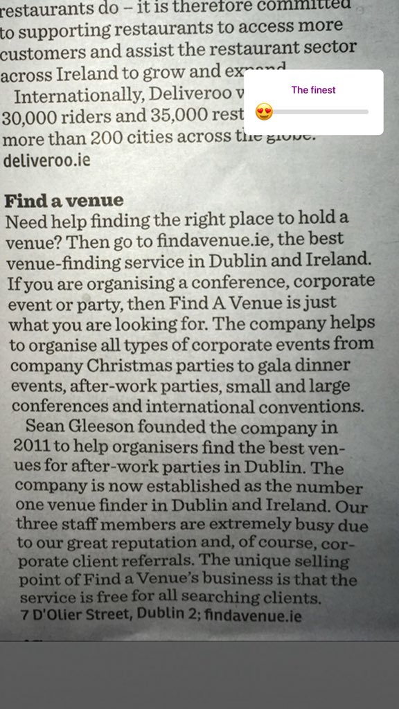 findavenue's tweet photo. Nice article on last weeks @IrishTimesBiz about our useful &amp; helpful free Venue finding service  https://t.co/EdAdZ84lb6 along with  @Deliveroo getting in on the act 😂😂👀👏🤜🏼 thanks @robcullen79 and @DubCham https://t.co/qjSfcHTPfF