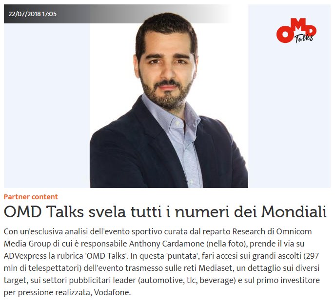 OMD_Italy's tweet photo. OMD analizza i numeri dei Mondiali 2018. Ascolti, investitori e dettagli sull'audience nel primo appuntamento con la rubrica #OMDTalks su #Advexpress. https://t.co/xKLzBbXOYB https://t.co/5T4Zr4Tu1R