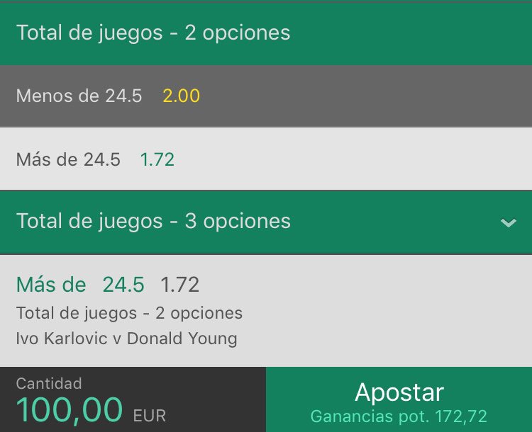 Interesante línea de juegos en el partido entre #Karlovic y #Young en el #ATPAtlanta. 

Ahora mismo en <a href="/bet365/">bet365</a> tenemos el over 24.5 a 1.72. 

Un 7-5,7-6 para cualquiera de los 2 nos valdría. #MustBet