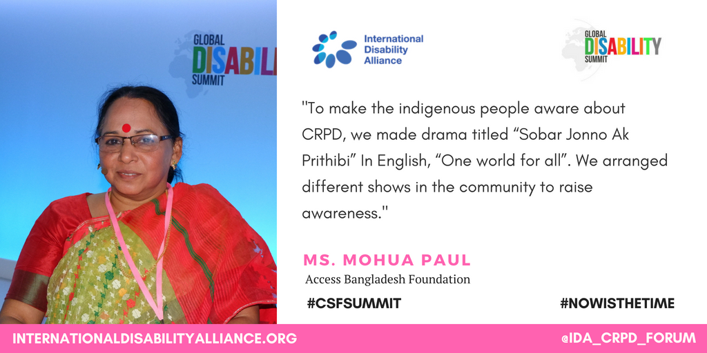 IDA_CRPD_Forum's tweet photo. "2 make the indigenous people aware about CRPD, we made drama titled “One world for all”. We arranged different shows 2 raise awareness." MOHUA PAUL, Access Bangladesh Foundation. Webcast https://t.co/6Nk2AsEaBi Questions at https://t.co/YQhIzDTRrv
#CSFSummit #NowIsTheTime https://t.co/y4AWuX0AoH
