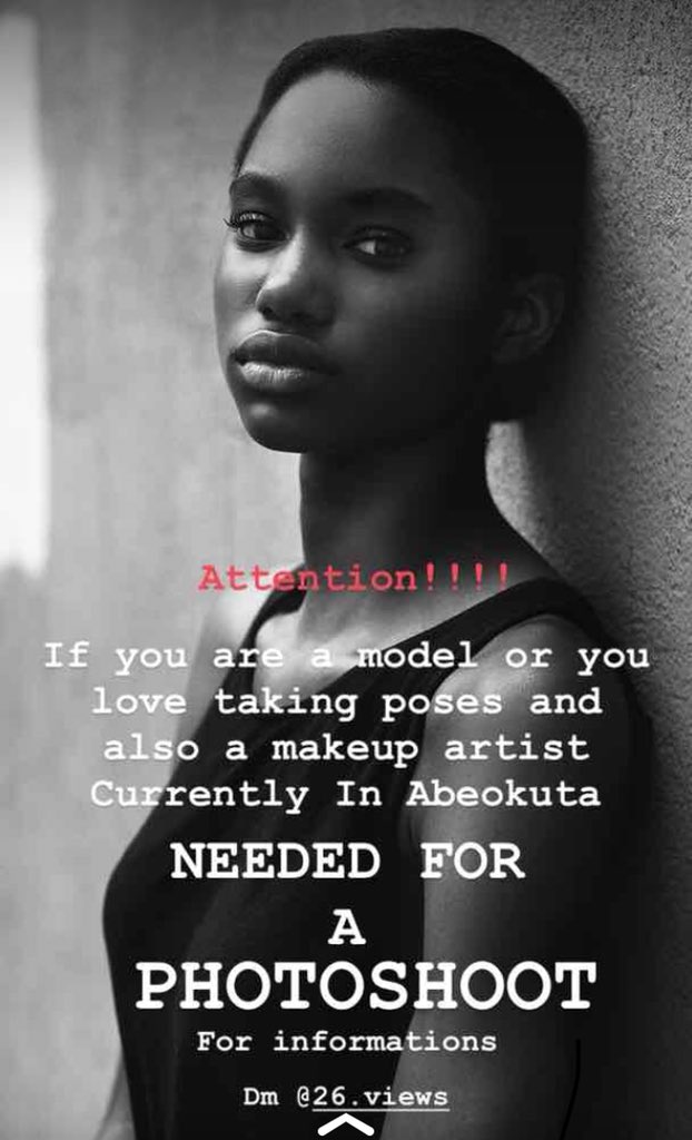 iam_7even's tweet photo. Are you a model or aspiring model and you’re available in Abeokuta for photo shoot. Contact @26views #photography #26views #model #photoshoot cc: @dhee_ljay26 @dheejay26_ https://t.co/Mpx7QmNP3q