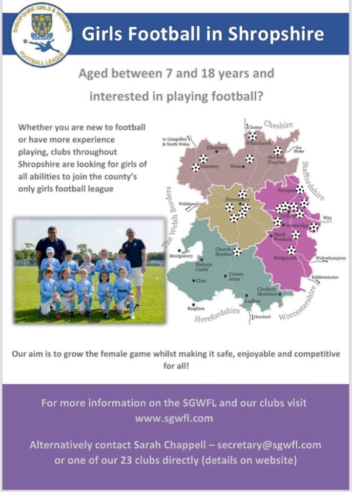 ShropshireGWFL's tweet photo. We have teams all over Shropshire looking for girls to play football, for teams in your area please check out our website https://t.co/pvgyyGEe5y @ShropshireFA @SSCFA2 @TelfordLeague #Shropshire #thisgirlcan #football #season #LetThemPlay https://t.co/KEyRZQ5PJX