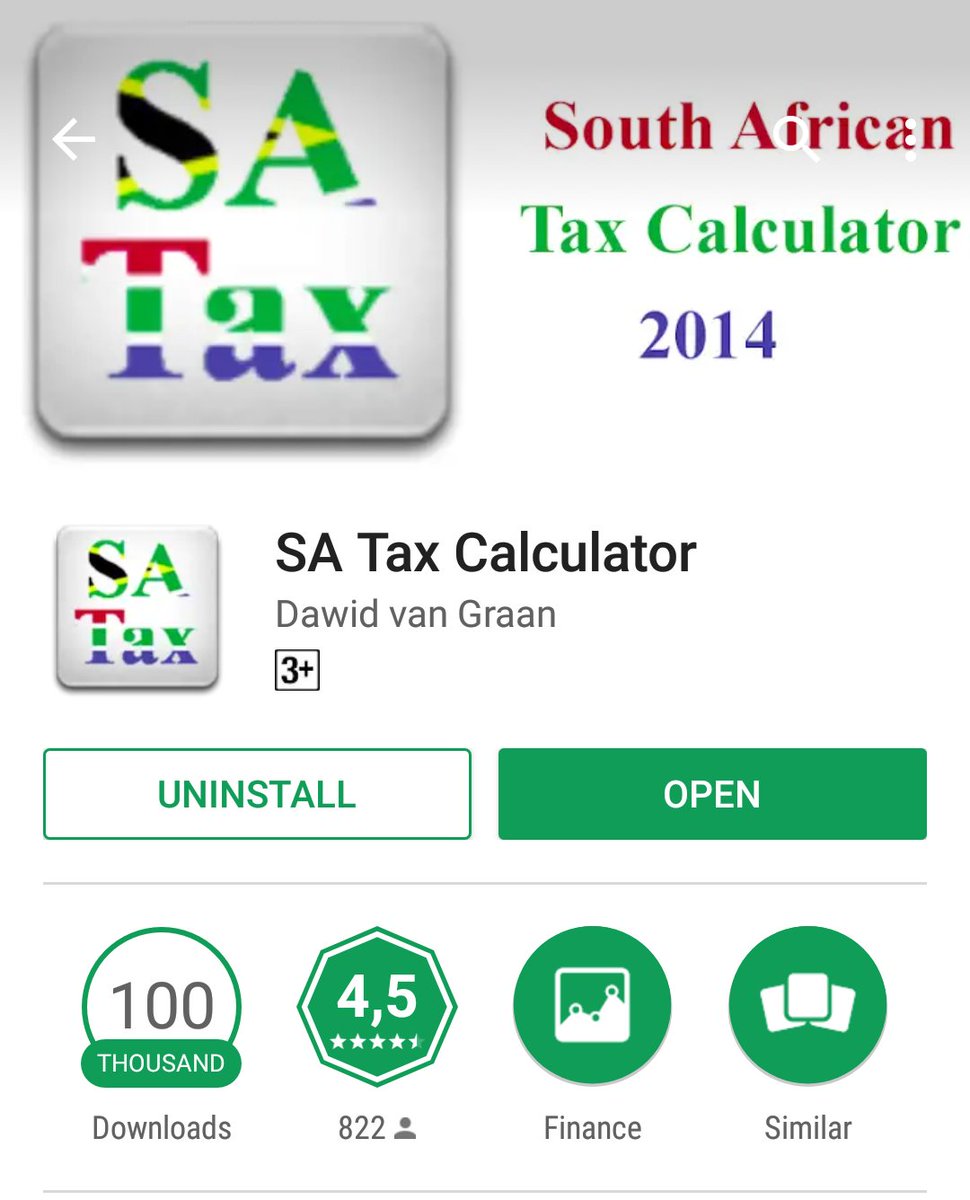 dawidvangraan's tweet photo. SA Tax Calculator has passed the 100 000 downloads mark! Thanks for all the support and downloads! Get it here for Tax Season: https://t.co/rNzOaHMGBG #Android #SATax #Sars https://t.co/BDAKpu1Fg0
