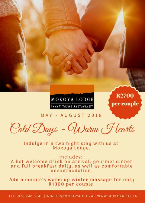 MokoyaLodge's tweet photo. Warm up this Winter at Mokoya Lodge - Booking Essential 
Tel: 0782485149
Email: info@mokoya.co.za
https://t.co/PEiQrG6mEN
#mokoyalodge 
#specialoffers 
#winterspecial
#sweetthyme https://t.co/i72qnj2UfF