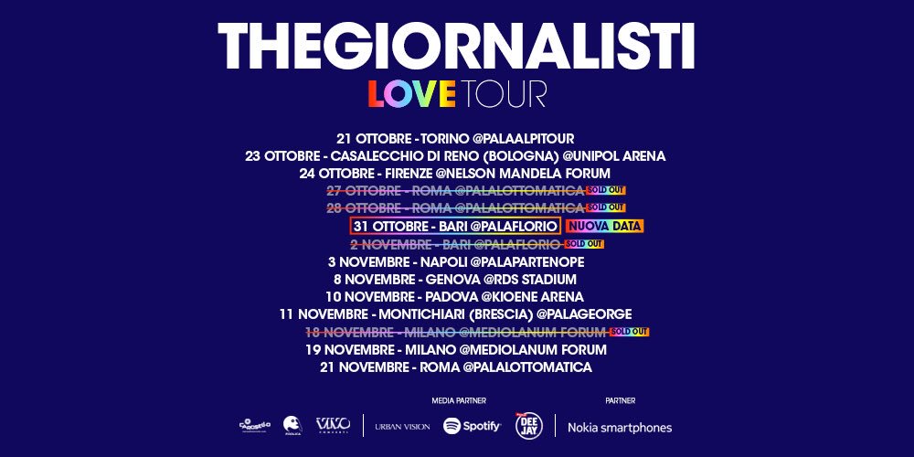 foolica's tweet photo. I #Thegiornalisti annunciano una seconda data al #Palaflorio di Bari! 
#LoveTour

Biglietti disponibili su https://t.co/r2wIOZbdjN dalle 10 di domani! https://t.co/mWnkMh9RNR