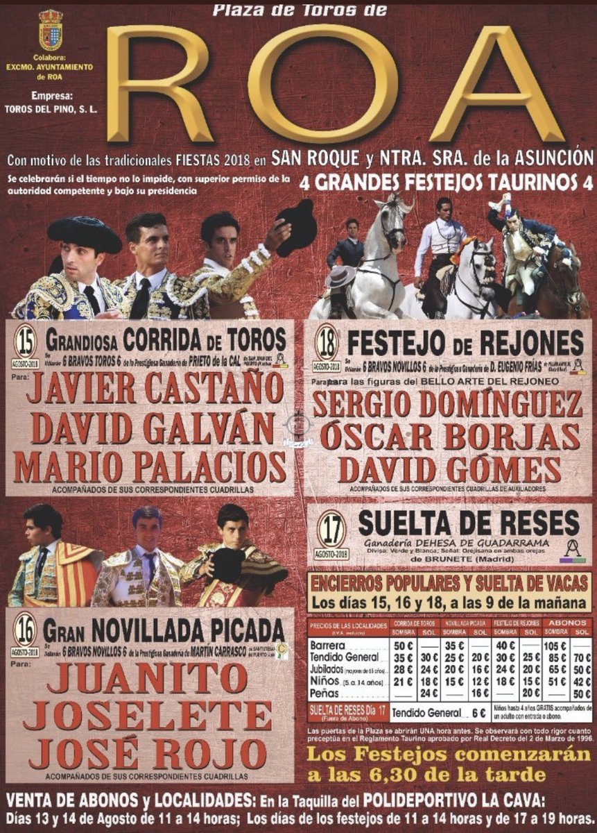 🔴 Nuevo compromiso para #Juanito ¿os venís? 

📆 16 de Agosto 
📍Roa de Duero 
👉🏻 #Juanito , Joselito y José Rojos
🐂 Novillos de Martín Carrasco 

#Juanito 🤞🏻🍀🤟🏻