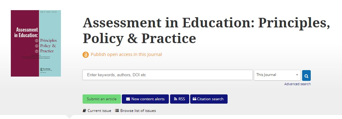OUCEA (@oucea_ox) on Twitter photo New special issue for Assessment in Education: Principles, Policy & Practice out now!
"Assessment Policy Reform: International Perspectives"
Editorial by Tina Isaacs and Iasonas Lamprianou: tandfonline.com/doi/full/10.10…
<a href="/TNHopfenbeck/">Therese N.Hopfenbeck</a> New special issue for Assessment in Education: Principles, Policy & Practice out now!
"Assessment Policy Reform: International Perspectives"
Editorial by Tina Isaacs and Iasonas Lamprianou: tandfonline.com/doi/full/10.10…
<a href="/TNHopfenbeck/">Therese N.Hopfenbeck</a>