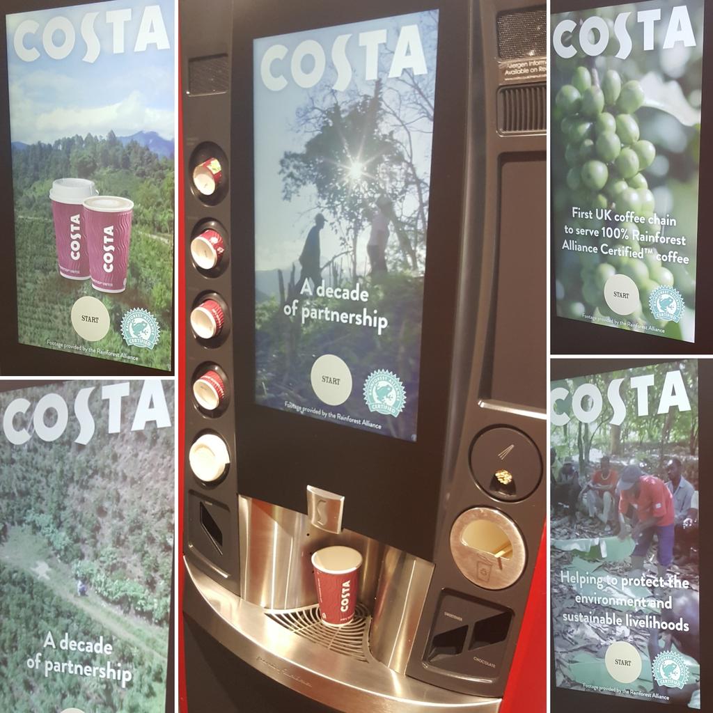 foundationsandy's tweet photo. At last, and thank you #CostaExpress @RnfrstAll_UK @RnfrstAlliance 7000 machines sharing the story of ten years of @CostaCoffee collaboration. Helping improve conditions for farming #communities whilst protecting the #Environment. https://t.co/NaImHSRMlj