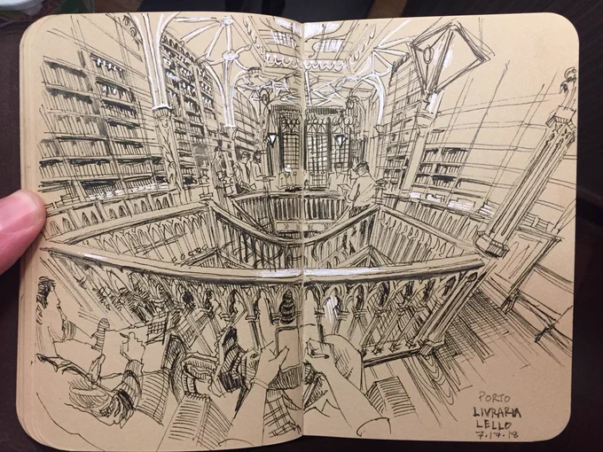Livraría Lello in Porto, Portugal, a gorgeous Art Nouveau bookstore that inspired the look of Harry Potter among other things. 50 of us came for a special `after hours' sketching session here. #livrarialello #uskporto2018 #stillmanandbirn #urbansketchers 
