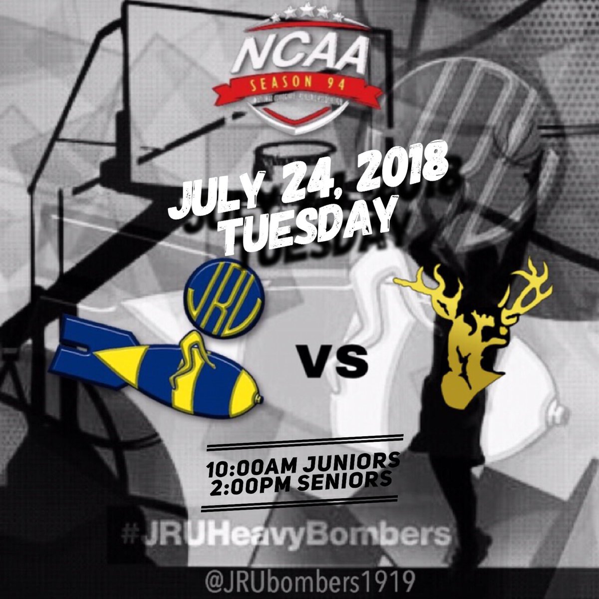 JRUbombers1919's tweet photo. It’s JRU Bombers against the SSC-R Golden Stags tomorrow. Live at FilOil Flying V Arena.

#NCAASeason94 #MabuhayRizal #GalingJRU https://t.co/AZL2XCTUyK