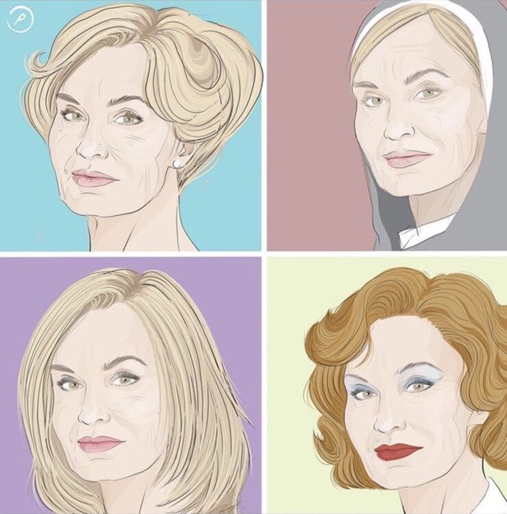 Jl49Group's tweet photo. Don’t know who to credit for this beautiful art of #jessicalange four #ahs characters #constancelangdon #sisterjude #fionagoode #elsamars https://t.co/iheweLeDOU