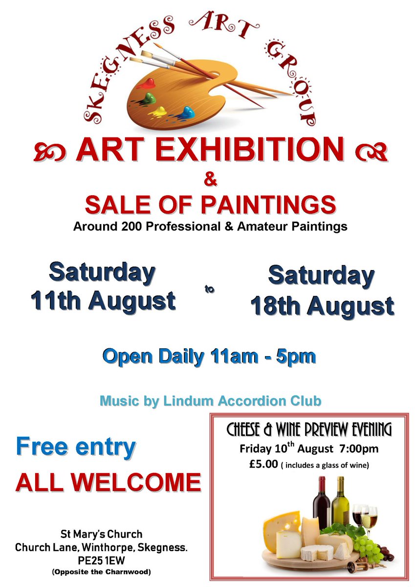 Skegness Art Group's Art Exhibition 2018 will take place over the weekend of 11-12 August at St Mary's Church