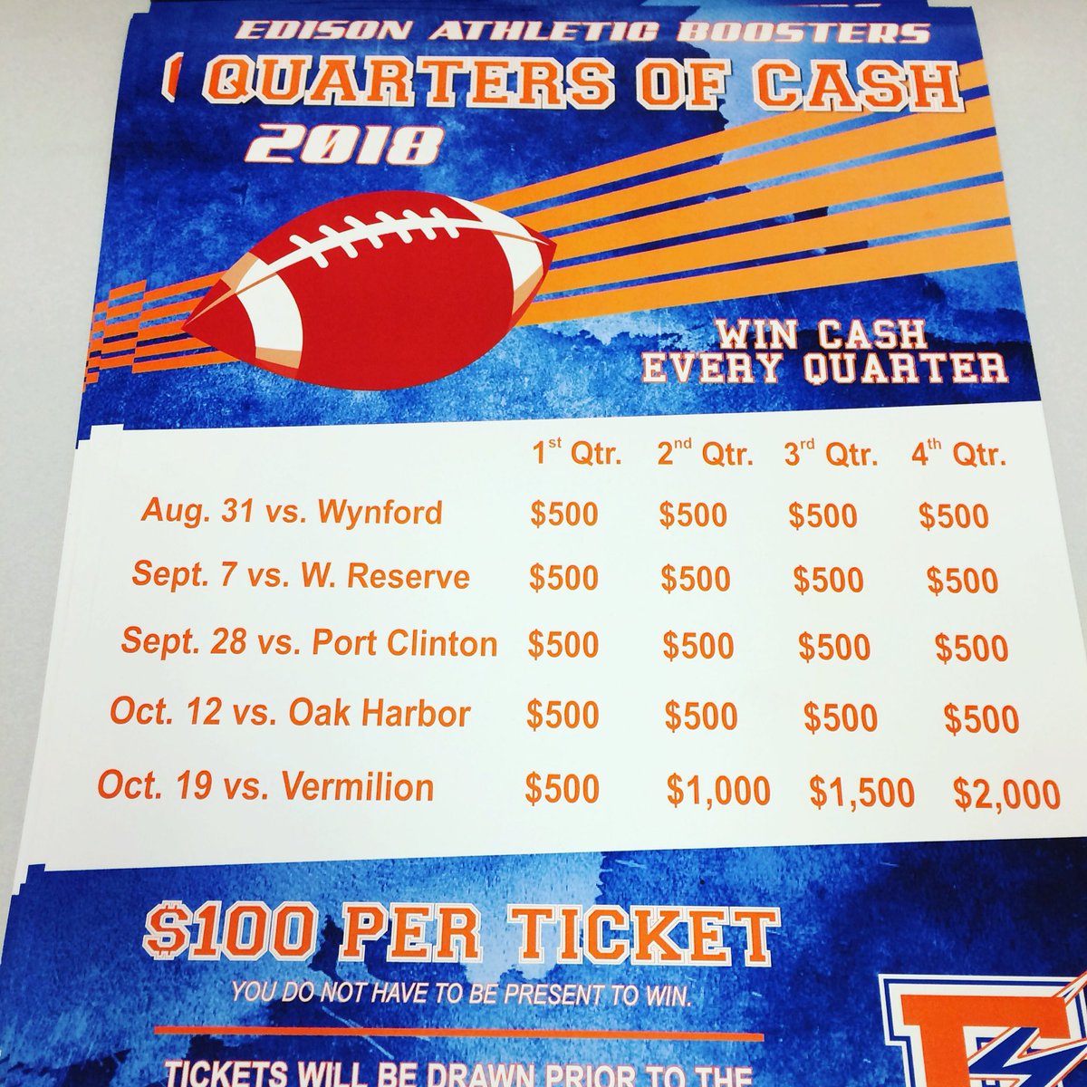 EdisonBoosters's tweet image. It’s that time again! We are selling Quarters of Cash! $100.00 per ticket. A ticket is drawn before each quarter of our home football games. Even if you win, your ticket goes back in and could win again! Tickets available in the Athletic office. #chargerpride⚡️