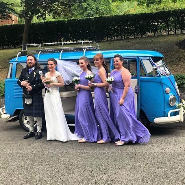 MaryALafferty's tweet photo. So far this is one of my favourite photo's I've seen. Can't wait to see the official ones if the unofficial ones are looking this good! #wedding #married #bride #groom #bridesmaids #weddingcar #vwcampervan #lilac #flowers #kilt #husband #wife #laffertys https://t.co/5PtaGSYAkc https://t.co/M9Ss92u1YD