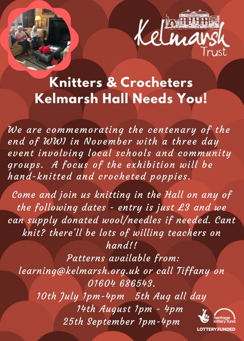 Knitterinatwist's tweet photo. @NTRWI Hello, would you please share/publish this invitation to your local Northamptonshire  WI members... We'd love for them to get involved in our WWI Centenary Project by knitting/crocheting poppies for a 3 day event in Nov 7-9 Thanks Cont: learning@kelmarsh.org.uk 01604686543 https://t.co/TsxhHT9JGa