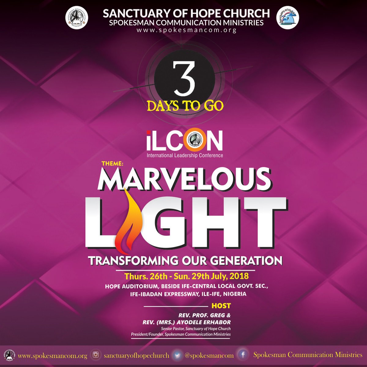 spokesmancom's tweet photo. #3DaysToGo #ILCON2018 #LetTheCountdownContinue #EverybodyMustGiveSomething #Anticipate #BraceYourself #MarvelousLight #TransformingOurGeneration #MightyIntervention #SOHChurch https://t.co/XlHP6frz6F