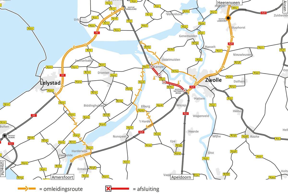 Rijkswaterstaat's tweet photo. Deze zomer zijn er veel onderhoudswerkzaamheden in Oost-Nederland, waaronder aan de #N50. Van vrijdag 27 juli tot maandag 13 augustus is de N50 tussen knooppunt #Hattemerbroek en #Kampen in beide richtingen dicht, het verkeer wordt omgeleid. https://t.co/WlyrDsA9jF https://t.co/dAAJVo8cBE