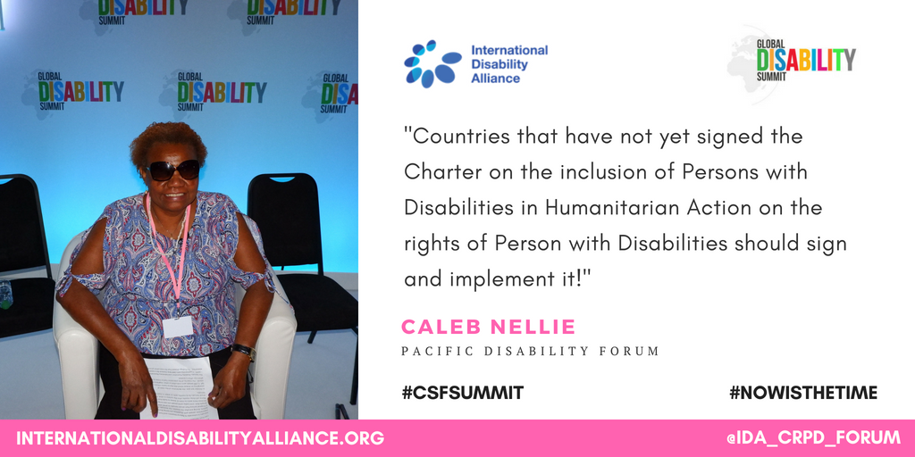 IDA_CRPD_Forum's tweet photo. Did your government sign the Charter on the Inclusion of Persons with Disabilities in Humanitarian Action❓ 
Nelly Caleb from the #PacificDisabilityForum calls on the countries that haven't signed the Charter yet to do so. Join live @ https://t.co/6Nk2AsEaBi
#CSFSummit https://t.co/zqLZipliQc
