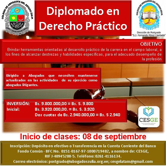 caezulia's tweet image. Diplomado en Derecho Práctico, asesorado por especialistas de la región. Duración 3 meses. Horario Sabatino de 8 AM a 1 PM. Inversión: Bs. 9.800.000,00 financiado. Info: 0261-4116134 o cesgelatam@gmail.com Inicio 08/09/2018
