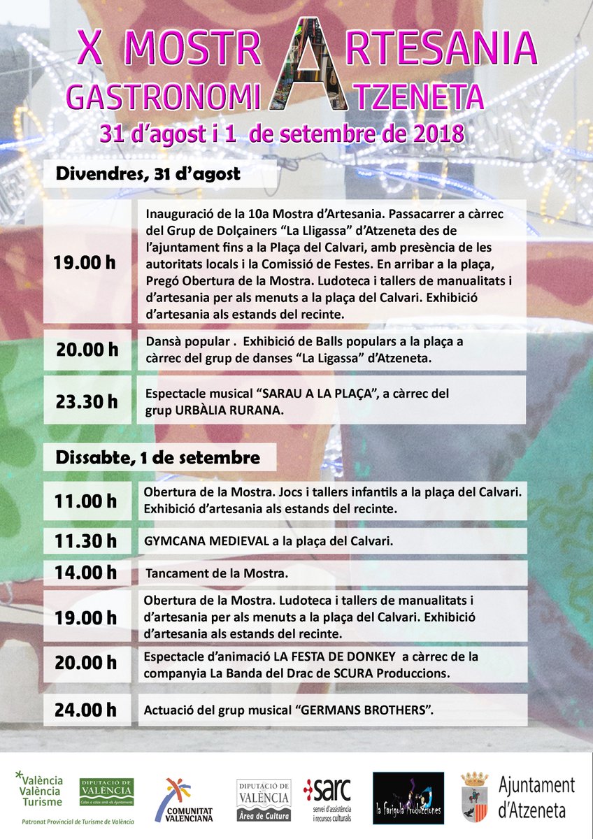 Ja ha aplegat la 10a Mostra Artesania d'Atzeneta d'Albaida! Vos deixem a continuació la programació dels dies 31 d'agost i 1 de setembre: