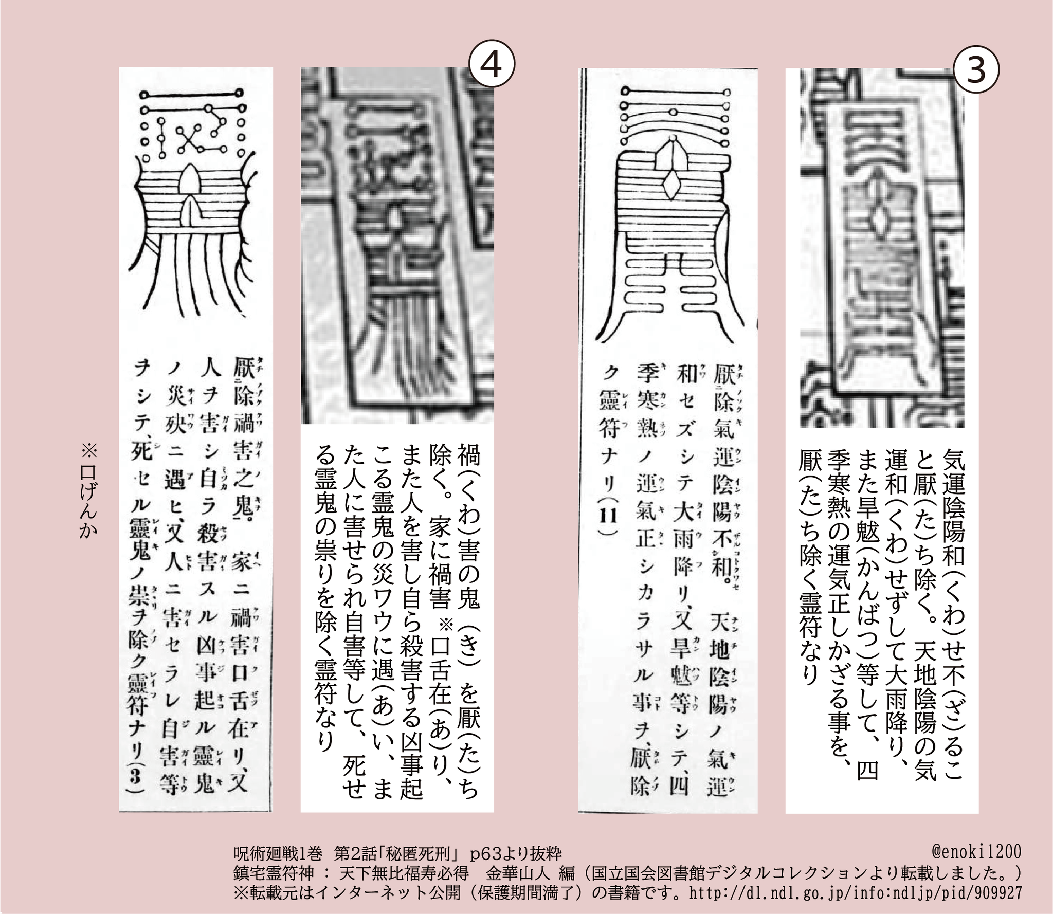 えのき 低浮上 בטוויטר 呪術廻戦 以前 2話の虎杖が拘束されていた部屋の護符は 鎮宅七十二霊符 とツイした時は2つまでしか確認できなかったのですが 6種類全て 鎮宅七十二霊符 と照合してみました 説明文をもう少し分かりやすくしましたが なんちゃって