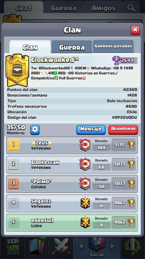 #Comunidad | Estamos en busca de nuevos jugadores Ladder y Full ClanWars.
Requisitos:
- PB: 4600
- Victorias guerra +22
- Grupo de Wsp Obligatorio, para estar atento de las noticias, competencias y mazos para guerra.

#GoClockworked &lt;3

<a href="/ClashRoyale_CL/">Chilean Comunity •</a> <a href="/ComunidadCrCh/">Comunidad Chilena de CR</a>
