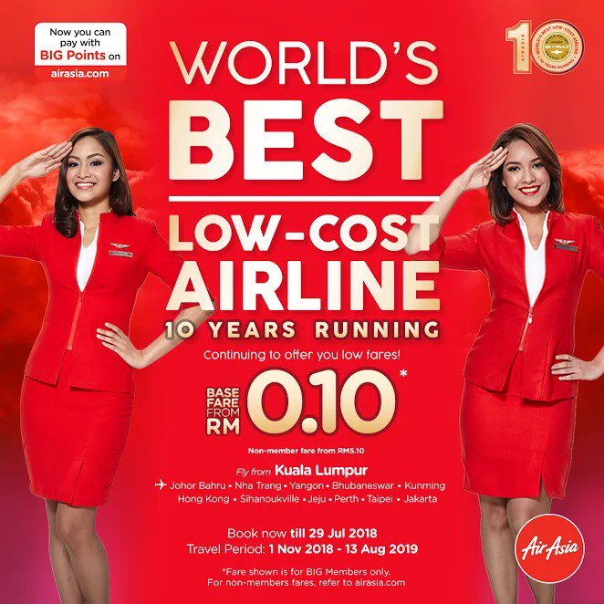 himmat88's tweet photo. Thank you again for your love and support in making us the World’s Best Low Cost Airline 10 years running. We will continue to champion low fares and today, we’re happy to offer fares as low as *RM 0.10!* Visit https://t.co/6u1Y7zNDBt and book now till 29 July. https://t.co/sEyWURsR9f