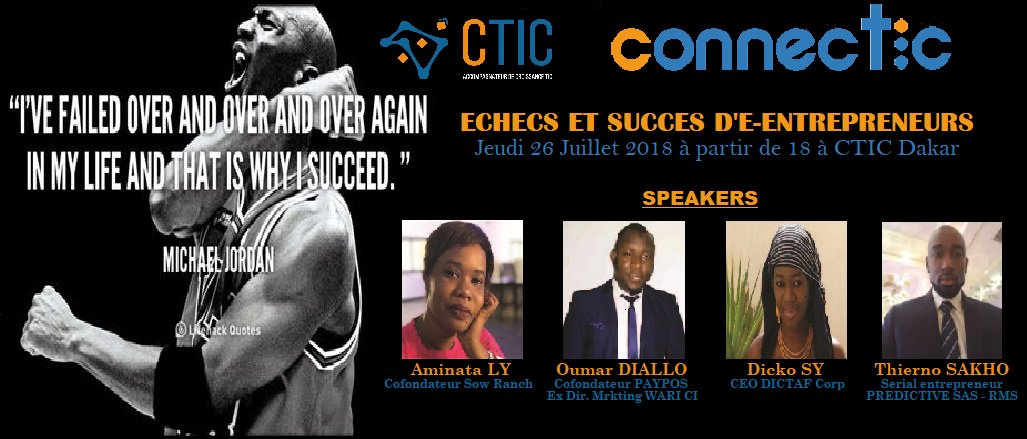 CONNECTIC is back! 
Rejoignez nous, ce Jeudi 26 Juillet, à partir de 18h à CTIC Dakar et bénéficiez des précieux conseils de nos speakers Sur le thème "Échecs et Succès d'e-entrepreneurs"
Venez nombreux apprendre des échecs et vous inspirer des succès de nos e-entrepreneurs !