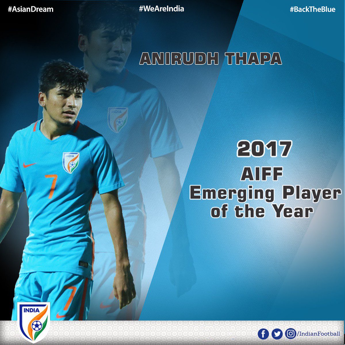 IndianFootball's tweet photo. Congratulations to @AnirudhThapa  on being named the 2017 AIFF Emerging Player of the Year https://t.co/AyOIHaLHEA