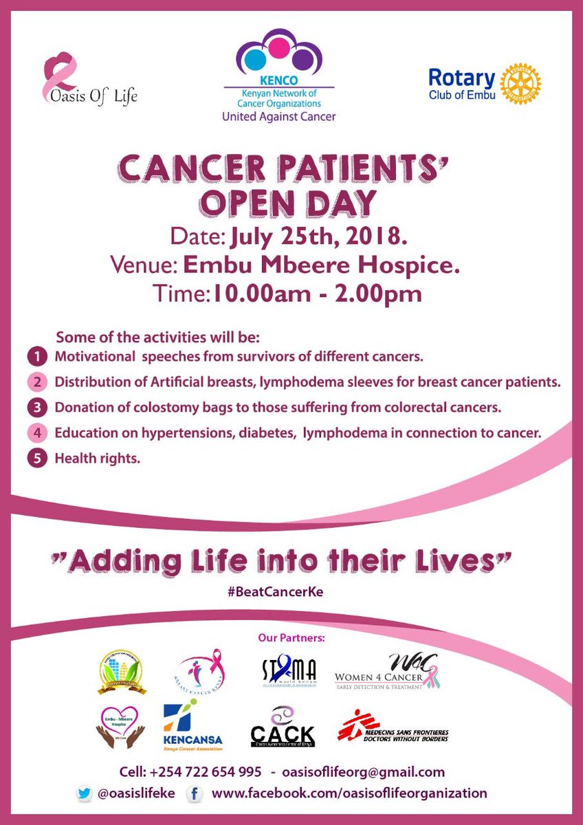 BendaKithaka's tweet photo. Coming up this Wednesday at #Embu. Cancer Patients Open Day.
@Women4Cancer @oasislifeke @jossita @TumainiCancerIn @StomaWorldKenya @cackenya @KENCANSA @kenconetwork https://t.co/B6VTKafPk0