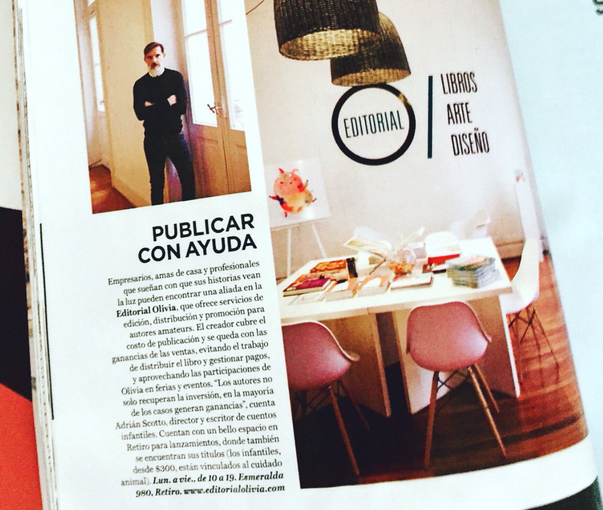 EDITORIAL OLIVIA 📚
Info@editorialolivia.com
Espacio de Libros, Arte y Diseño para autores y artistas independientes. 
Esmeralda 980
Buenos Aires
Nota <a href="/EspacioLiving/">Revista Living</a>