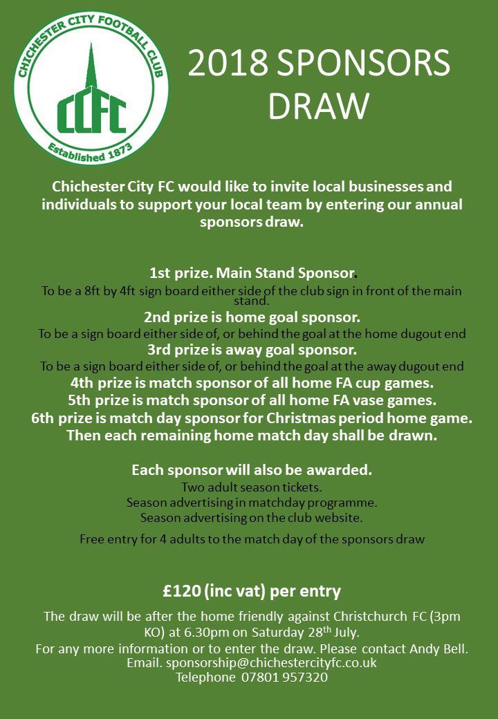 Less than one week remaining for you to become one of Chichester City’s 2018/2019 sponsors! Support your local team 👍💚⚽️