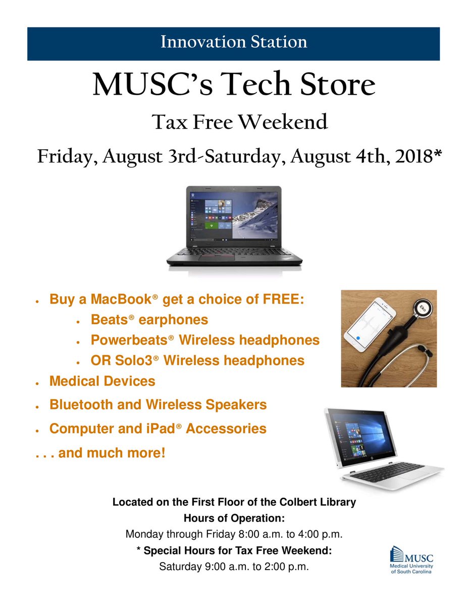 MUSC_TechStore's tweet image. SC Tax-Free Weekend August 3-4 at Innovation Station! Buy a Mac. Get Beats. Waved Payroll Deduction Fee. 
#MUSCTechStore #Innovation #HealthIT #Dell #HP #Apple #MedicalDevices
