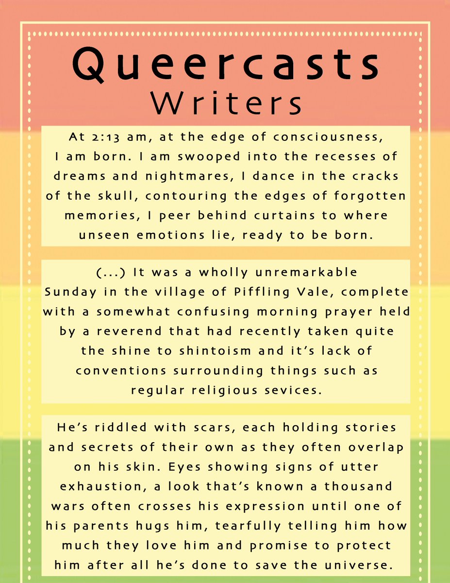 queercasts's tweet image. 🌈WRITERS ANNOUNCEMENT🌈
We are proud to present our 6 contributing writers! 
Check out this post for all the names and credits: podcastzine.tumblr.com/post/176195223…