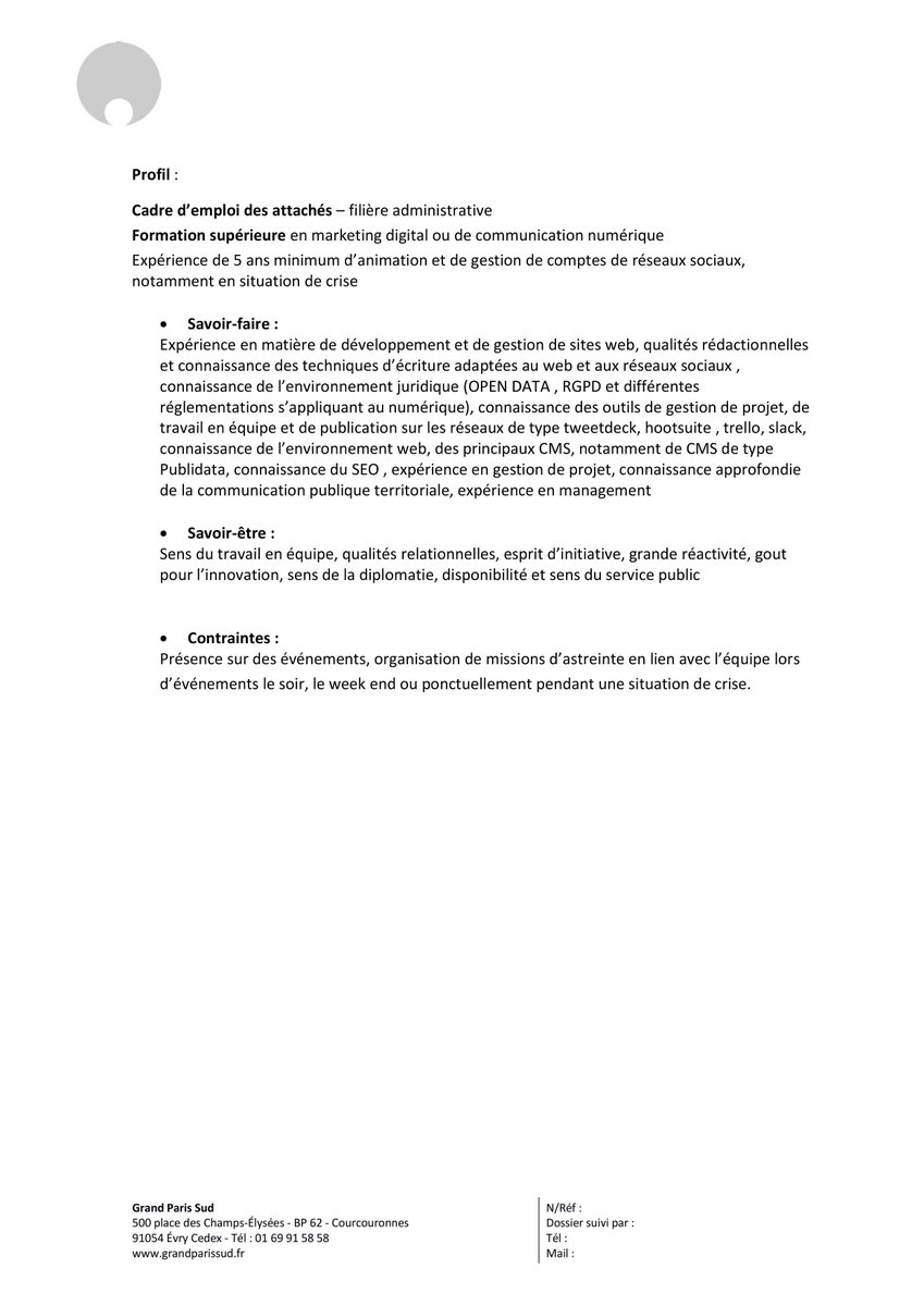 Grand Paris Sud Auf Twitter L Agglo Recrute Responsable Web Reseaux Sociaux A La Direction De La Communication Et Du Marketing Poste A Pourvoir Asap Par E Mail J Rebuffat Grandparissud Fr Et Recrutement Grandparissud Fr Ou Par