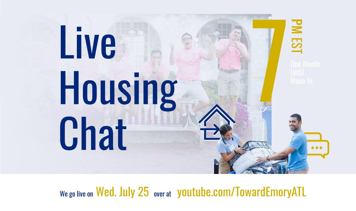 TowardEmoryATL's tweet photo. 🏠 MOVE-IN IS ALMOST A MONTH AWAY! 🏠

We're going live on YouTube this week with @emoryhousing to answer your questions about move-in and living on campus!

📅 Wednesday, July 25
📍 Visit https://t.co/x8nuRvNWby
🕖 7PM EST https://t.co/fU4TUb1Axs