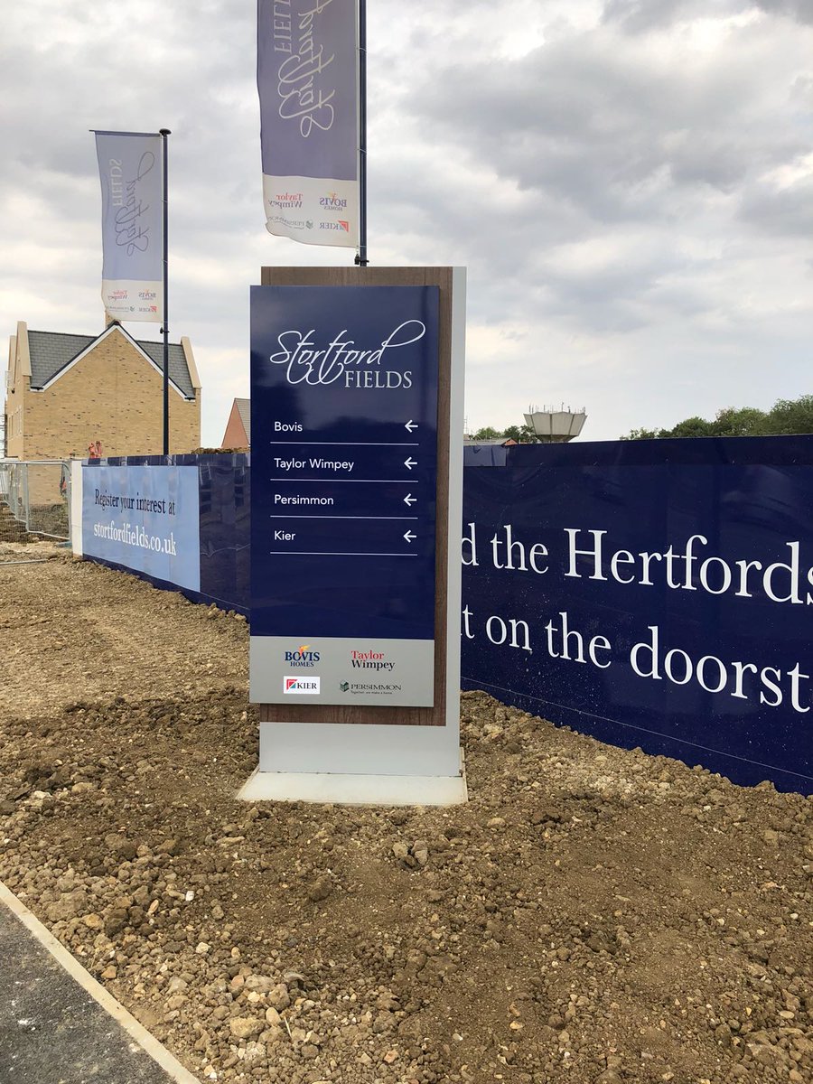 4site_implement's tweet photo. The Solar powered 4m sign is in at #Stortford Fields along with hoarding, flagpoles/flags and directional signage for @EllipsisLand https://t.co/rxqMo1yVgm