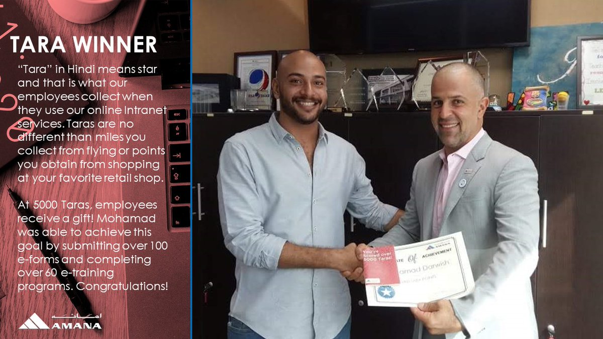 Mohamad Darwish is our latest #AmanaTara  winner with5000 Taras! He achieved this by completing 100+ e-forms &amp; 60+ e-training programs. Here he is  receiving his gift from Joe Labaky (right), General Manager at #AmanaContracting #UAE. Congratulations!
 #AmanaBackstage