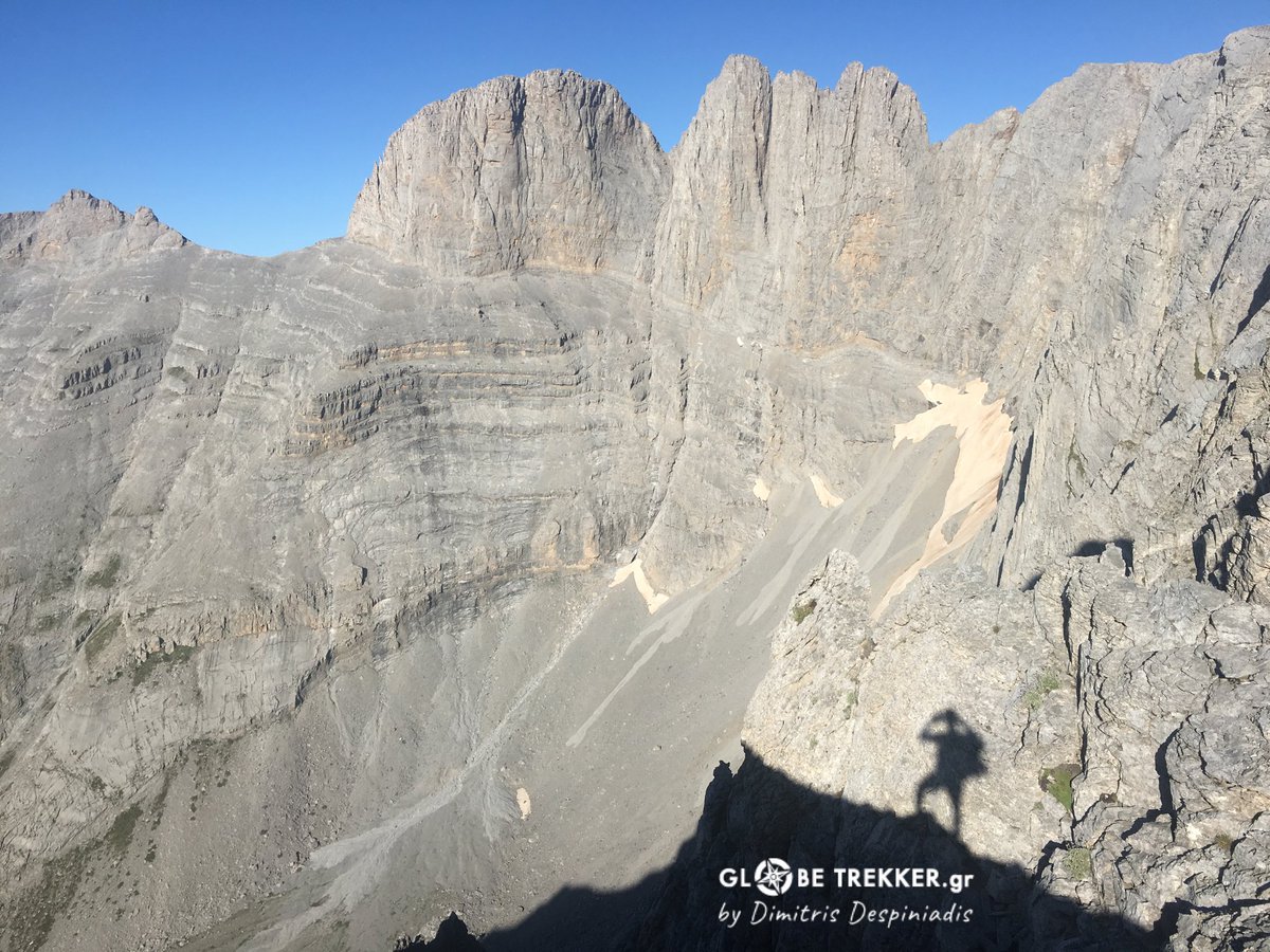 The upper part of Great Kazania, the main summits of the “Mountain of the Gods” and.. my tiny shadow as seen from the aerie and spectacular Skolio ridge! 
All in all a great weekend with my friend @alpinebacteria !
#SalewaGreece