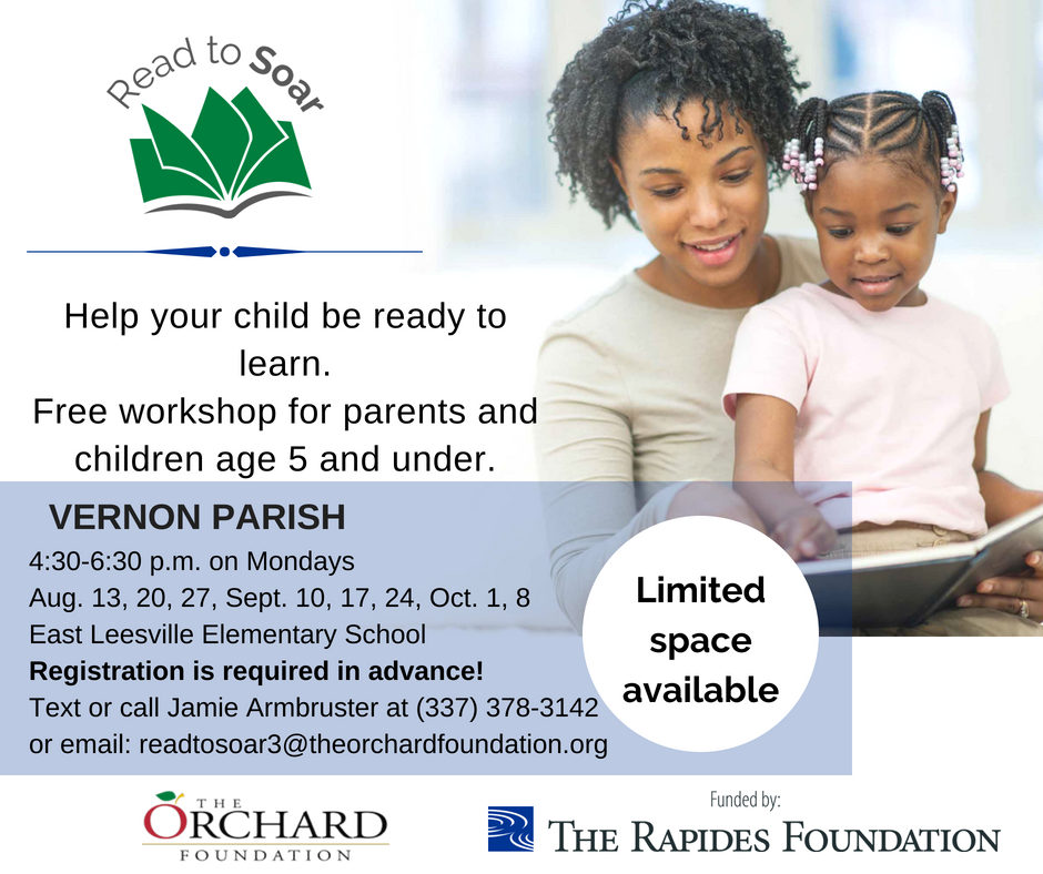 rapides_trf's tweet photo. Vernon Parish residents: Register today for a free reading workshop for children 5 years and under. Space is limited and registration is needed in advance. Download the #ReadToSoar flyer: https://t.co/jBxC9p8yjY https://t.co/mtm1tiAdFf