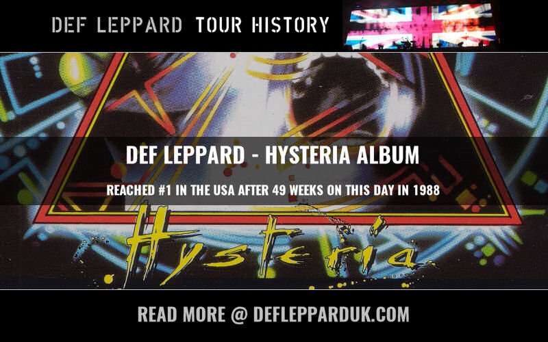 dltourhistory's tweet photo. Def Leppard News - 30 Years Ago #DEFLEPPARD's #HYSTERIA Album At Number One In USA 🇺🇸 🇬🇧🎊🎉

#Hysteria30 #MondayMotivation
https://t.co/F3SATFgSXW https://t.co/8Zx27W1Oad