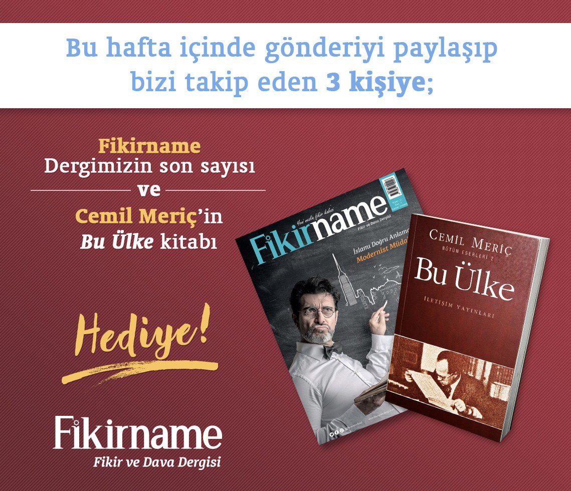 fikirnamedergi's tweet photo. Fikirname Dergisi #HerHafta3Kitap hediye ediyor.

Bu hafta içinde gönderiyi paylaşıp bizi takip eden 3 kişiye, çekiliş ile #CemilMeriç'in Bu Ülke kitabı ve Fikirname Dergimizin son sayısını hediye ediyoruz. https://t.co/7DD5p3Hc64
